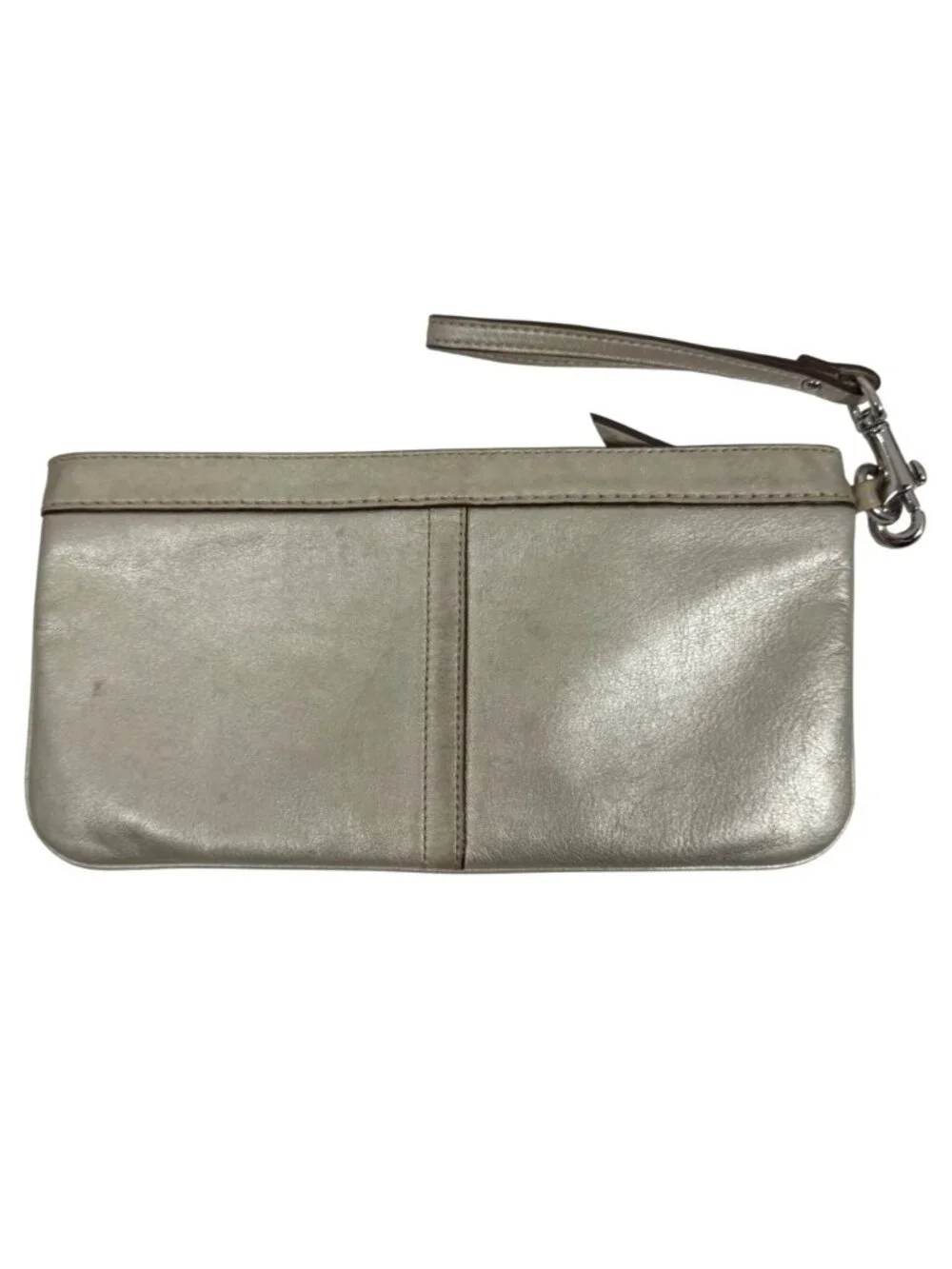 Coach Metallic Silver/Gold Leather Top Zip Clutch Wristlet Detachable Strap